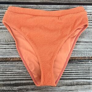 High Waisted Orange Bikini Bottom Cheeky Textured Seersucker Swim M L Y2K Retro